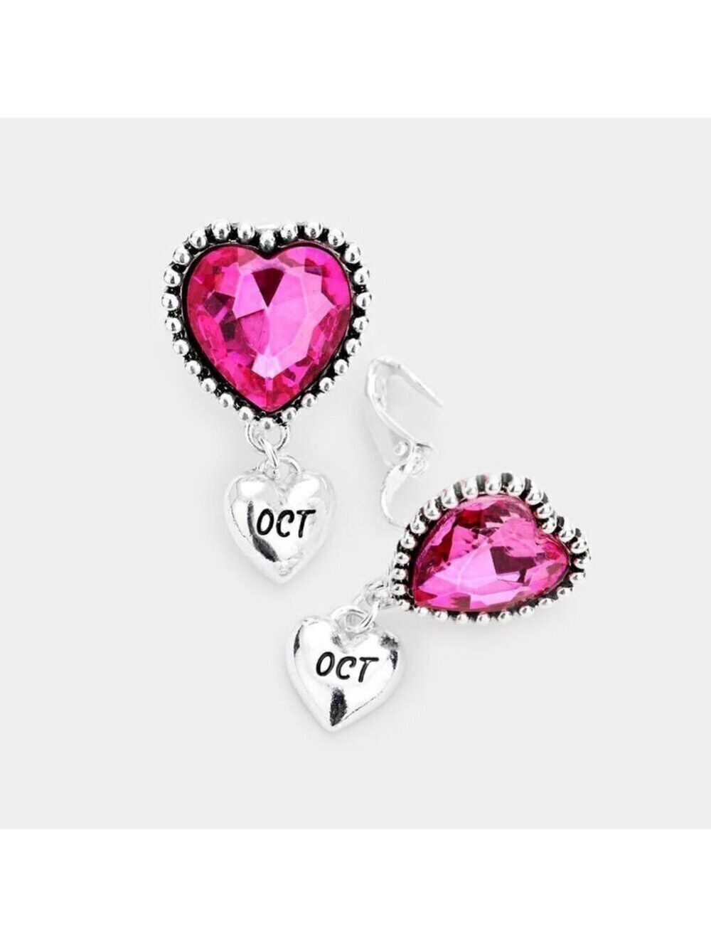 NEW October Pink Birthstone Heart Clip On Earrings Libra Scorpio